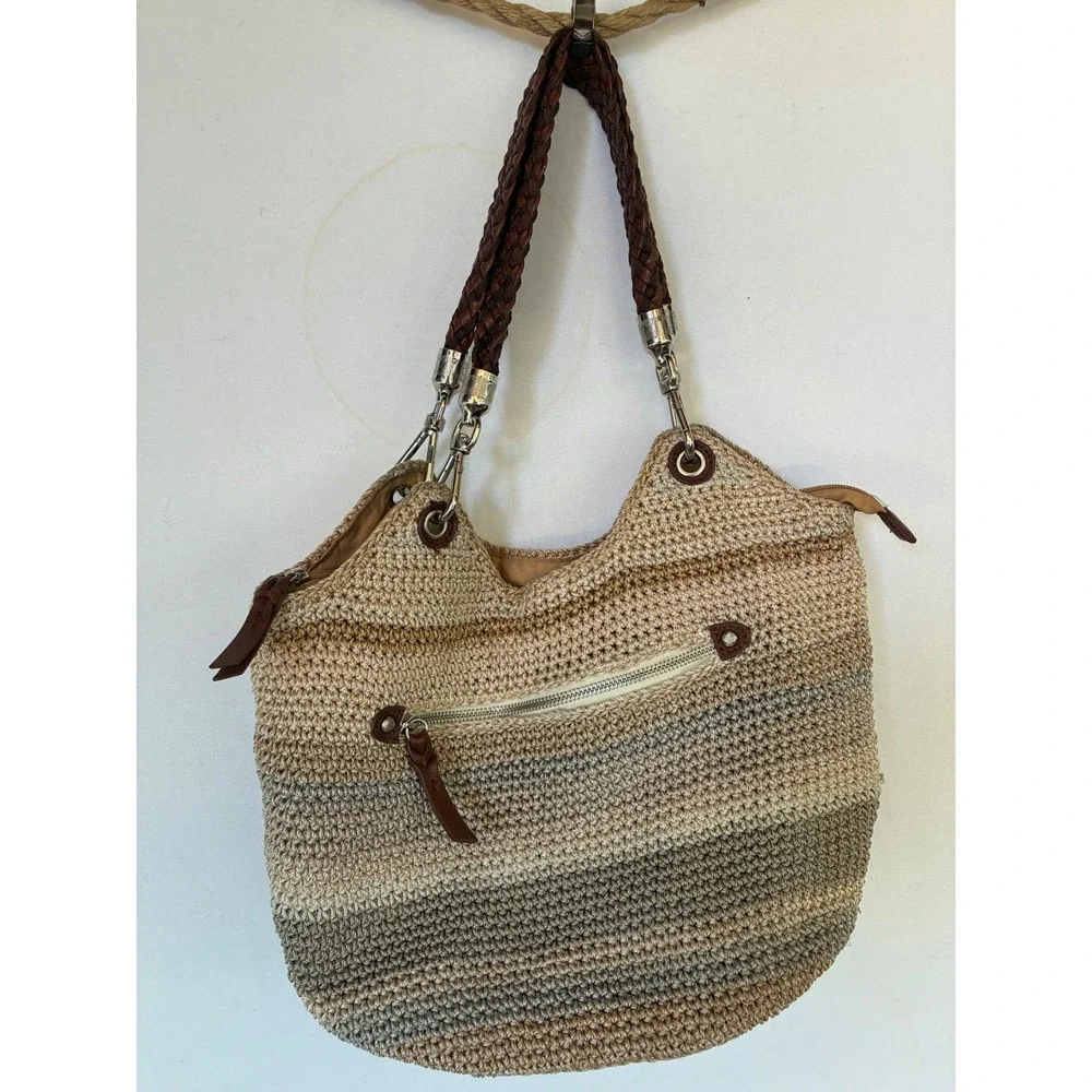 The Sak Crochet Hobo Bag Neutral Ombre Woven Shoulder Bag Brown Braided Strap